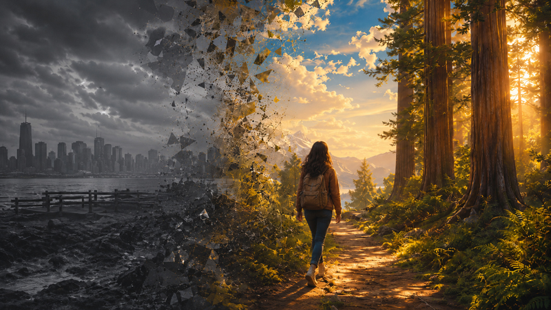 A female college student walking from a gray landscape into a luminous redwood forest
