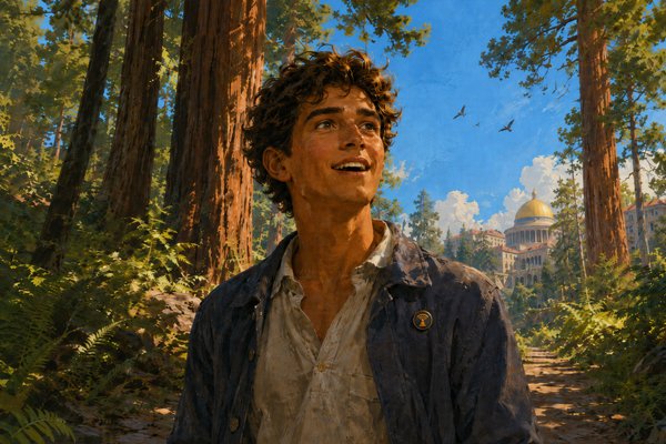 A student walking through the woods